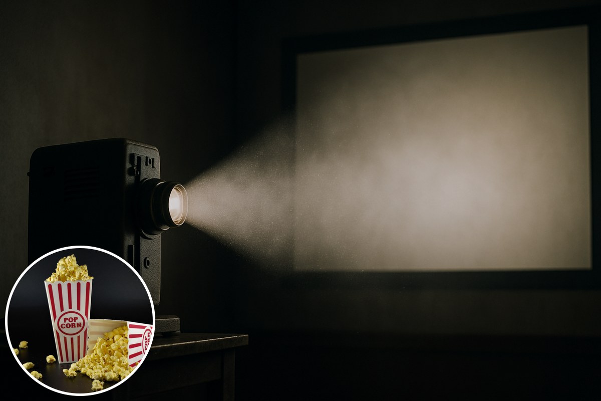 A film projector beam cutting through a dark cinema, with a tub of popcorn inset.