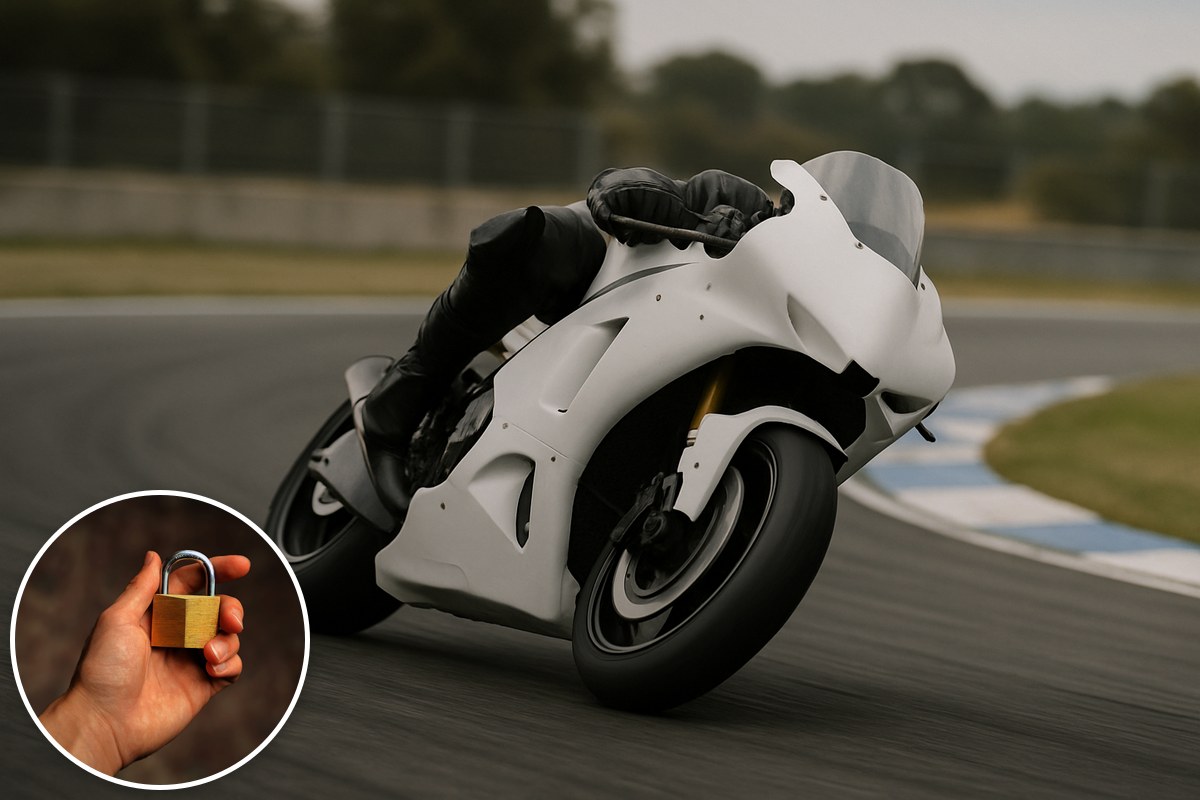 A racing motorcycle in plain livery leaning into a corner on a track, with a padlock held in a hand inset.
