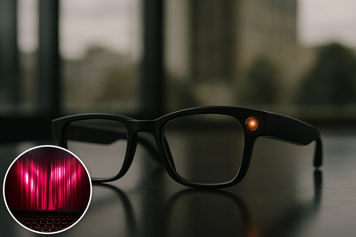 Camera-equipped smart glasses on a dark surface, with a theatre stage inset.