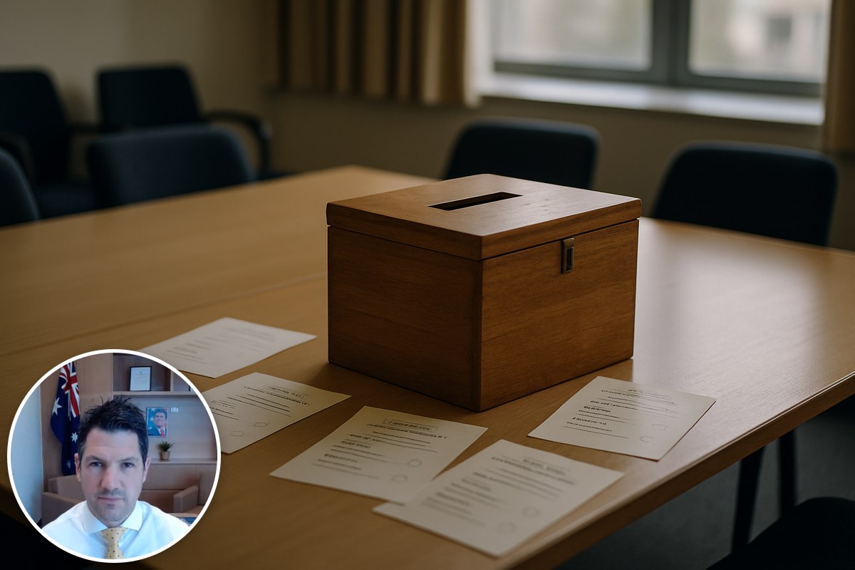 Ballot papers and a wooden ballot box on a meeting room table, with a photo of Alex Antic inset.