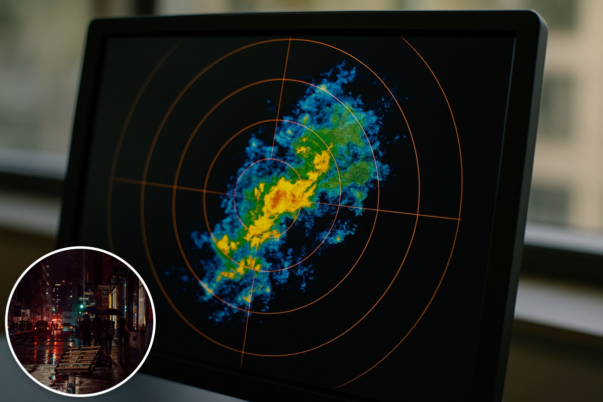 A weather radar display with glowing range rings on a dark screen, with a rainy street scene inset.