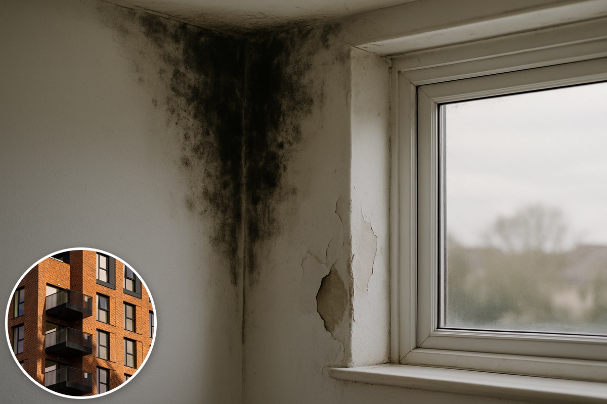 Black mould spreading across the corner of a white wall beside a window, with brick flats inset.