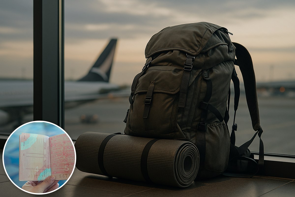 A well-travelled backpack beside an airport window at dusk, with passport stamps inset.