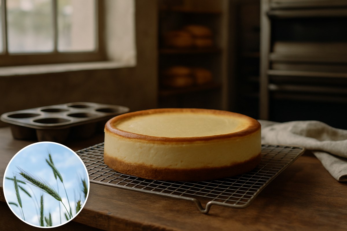 A baked cheesecake on a cooling rack in a warm bakery kitchen, with wheat ears inset.