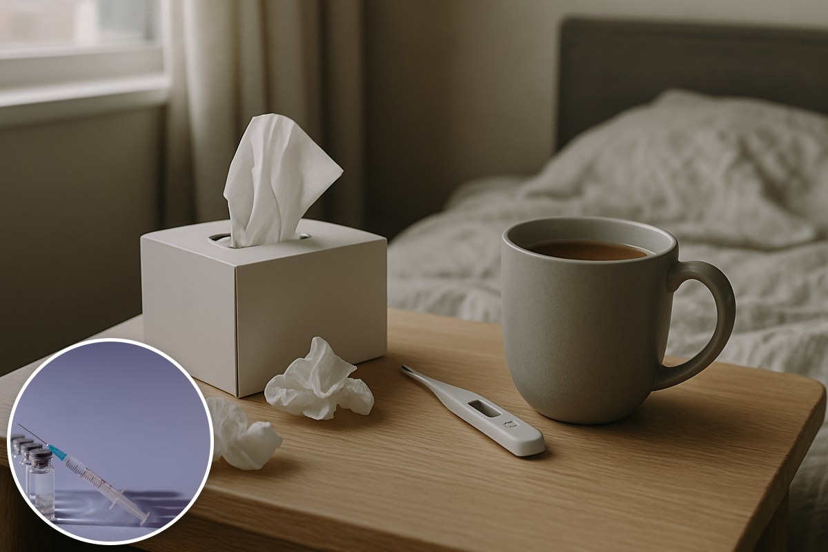 A tissue box, thermometer and mug of tea on a bedside table, with a vaccine vial and syringe inset.
