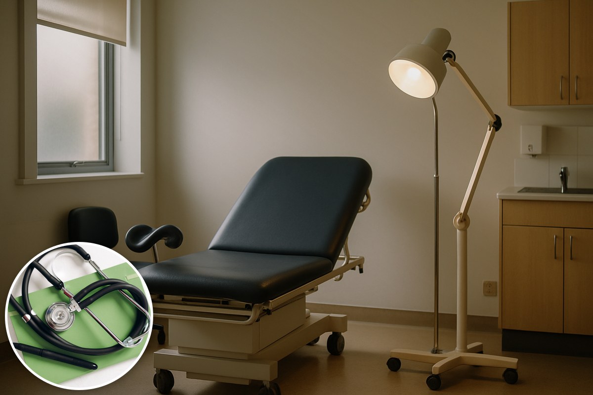 A softly lit, empty hospital consultation room, with a stethoscope inset.