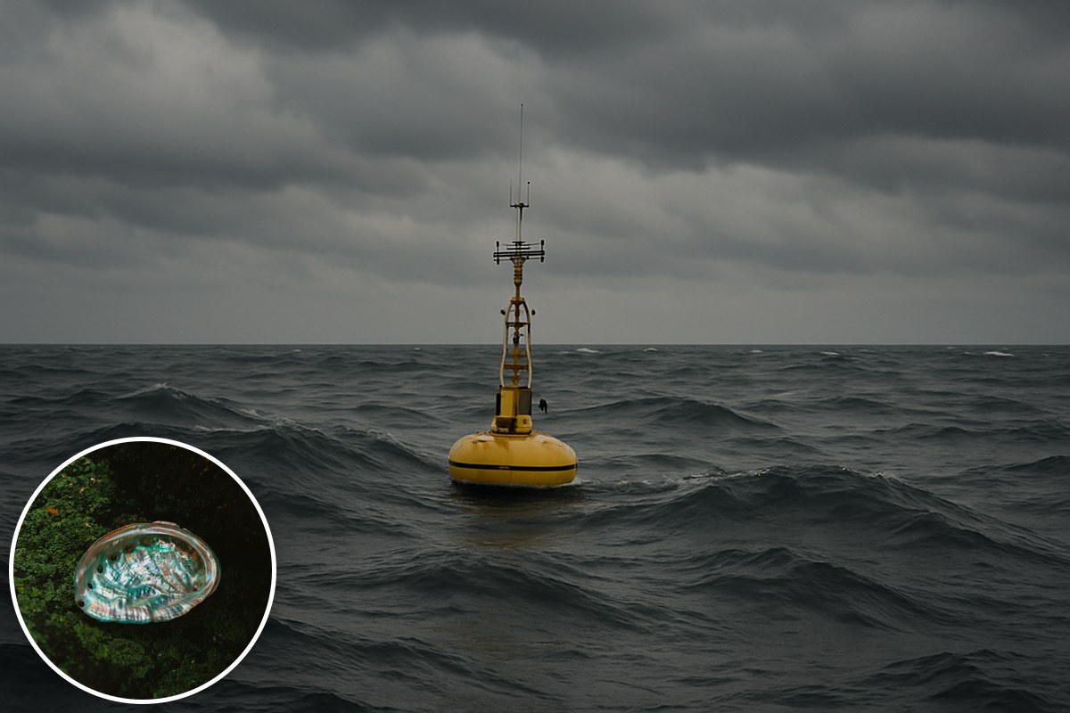 A lone yellow instrument float on rough grey seas, with a lightning bolt inset.