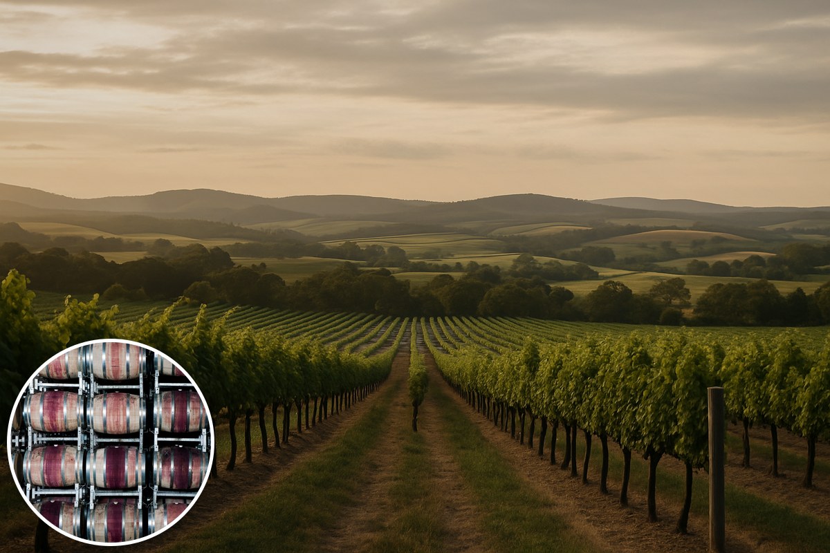 Rows of grapevines in a vineyard at golden hour, with stacked oak wine barrels inset.