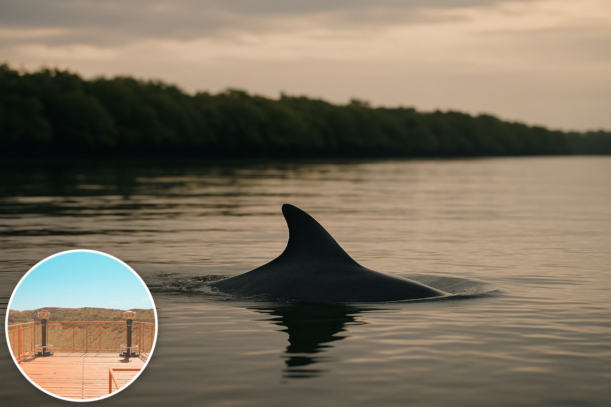 A dolphin's dorsal fin breaking calm estuary water at dawn, with a lookout deck inset.