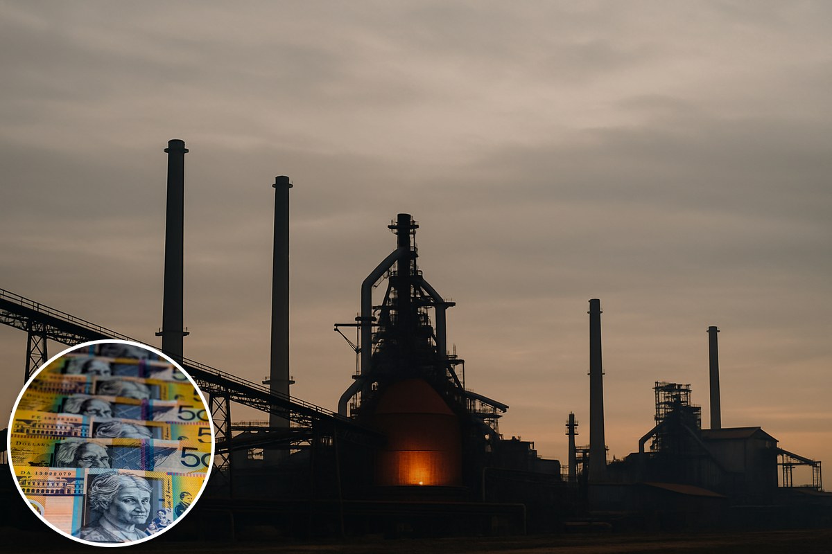 A steelworks silhouetted at dusk with a furnace glow, with Australian banknotes inset.